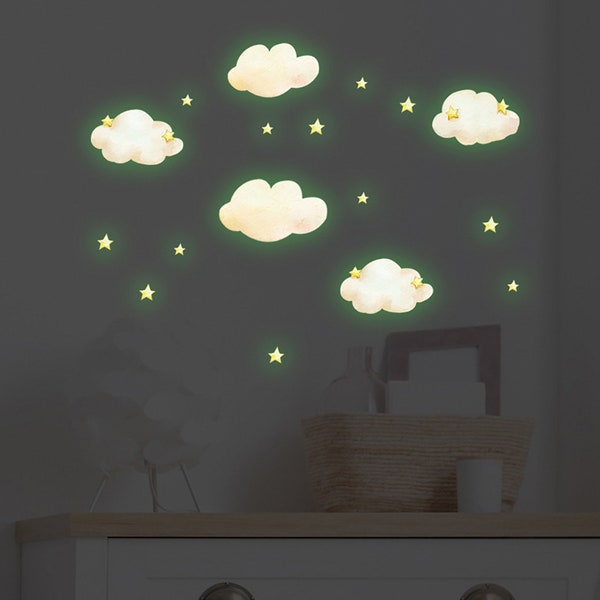 Stickers muraux étoiles lumineuses nuage, stickers fluo chambre d'enfant