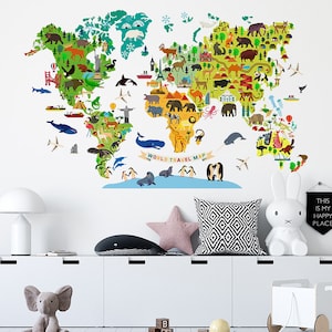 Tier Reise Weltkarte, Wanddekoration Wandaufkleber, Schlafzimmer Wohnzimmer Hintergrund, Kinderzimmer Aufkleber