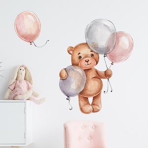 Pegatinas de pared autoadhesivas de oso globo, pegatinas creativas de animales de dibujos animados para dormitorio de niños creativos