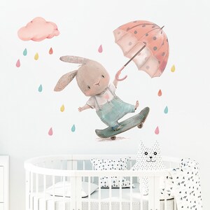 Umbrella cute rabbit cartoon, wall stickers ins style children's room, wall decoration stickers