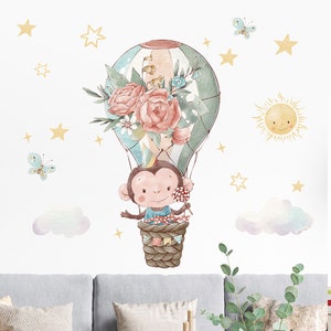 Cartoon Blume Heißluftballon, Affe Wandaufkleber, niedliche Tiermuster, Tapete Kinderzimmer, Babyzimmer dekorative Aufkleber