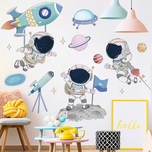 Pegatinas de pared vuelo espacial, pegatinas de habitación infantil de dibujos animados, aulas de jardín de infantes, decoración del Día del Niño