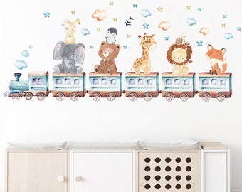 Animales lindos de dibujos animados, pegatinas de pared de tren de jirafa elefante, decoración de habitación infantil