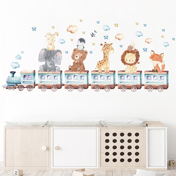 Cartoon cute animals, elephant giraffe train wall stickers, children's room decoration