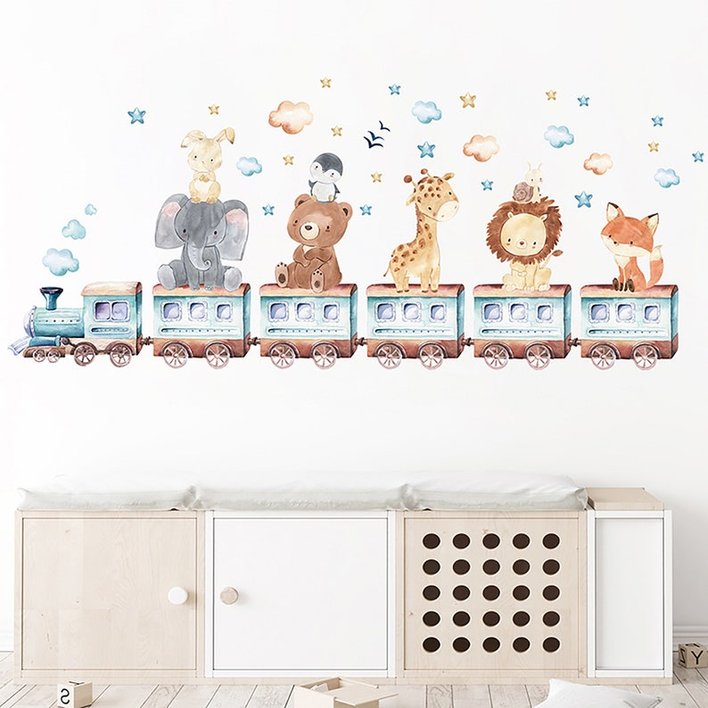 Cartoon cute animals, elephant giraffe train wall stickers, children's room decoration zdjęcie 1