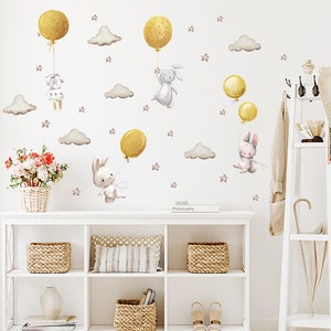 Globos de estrella dorada de dibujos animados, pegatinas de pared de conejito de nube, decoración de habitación infantil
