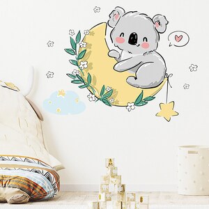Cartoon Koala Bear Wall stickers, Moon Wall Decal, Star Decal, Bedroom Wall stickers， Children's Room Wall stickers， Bohemian Style Decal