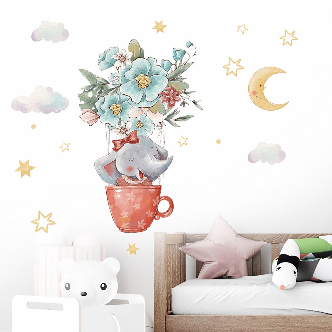 Flower Tea Cup Baby Elephant, Cartoon Wall Stickers, Removable Stickers