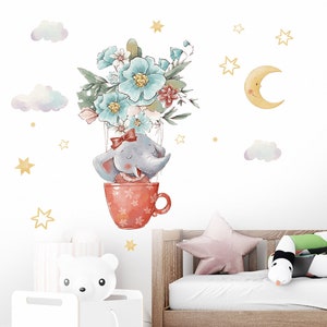 Flor taza de té bebé elefante, pegatinas de pared de dibujos animados, pegatinas extraíbles, pared de la habitación de los niños del dormitorio