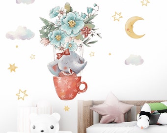 Blumen Teetasse Baby Elefant, Cartoon Wandaufkleber, abnehmbare Aufkleber, Schlafzimmer Kinderzimmer Wand
