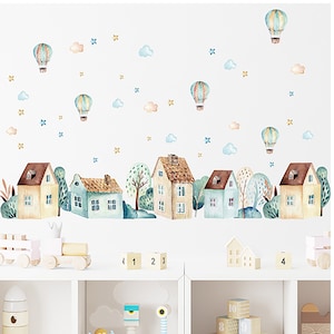 Cartoon village wall stickers, creative hot air balloon stickers, decorating children's room wall stickers, cartoon animal wallpaper