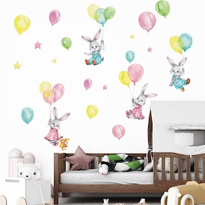 Globos de conejo de dibujos animados, decoración de pared de jardín de infantes, pegatinas de pared de dormitorio para bebés y niños, papel tapiz de pegatinas translúcidas,
