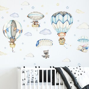 Cartoon animals, hot air balloon parachute wall stickers, children's room wall decoration