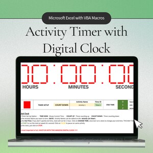 Könnte beinhalten: Ein Laptop-Bildschirm zeigt einen digitalen Aktivitäts-Timer mit dem Text "Activity Timer with Digital Clock". Der Timer zeigt rote digitale Zahlen für Stunden, Minuten und Sekunden an. Der Bildschirm enthält auch Text zur Timer-Einrichtung und zu den Optionen.