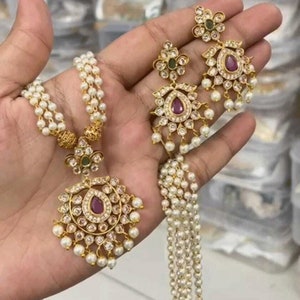 Gold Polki Necklace/ American Diamond/ Ruby CZ Necklace/ Indian Wedding/ South Jewelry/ Pearl Long Necklace/ Temple Jewelry/ Indian Jewelry