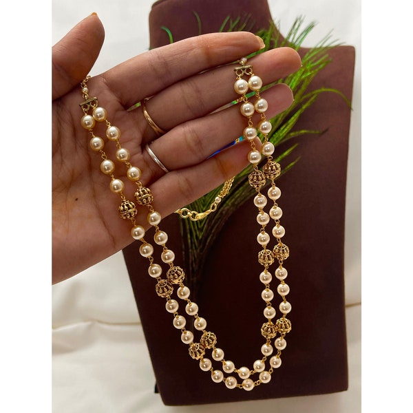 Pearl Long Necklace Set/ South Jewelry/ Antique Gold Necklace Set/ Indian Jewelry/ Beads Mala Necklace/ Temple Jewelry/ Kemp Stone Necklace