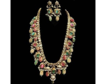 Kundan Long Necklace Set/ South Indian Jewelry Set/ Antique Gold Pearl Necklace/ Indian Jewelry/ Beaded Mala Necklace/ Temple Jewelry