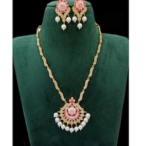South Indian Jewelry Set/ Antique Gold Hand Painted CZ Diamond Wedding Set/ Pearl Long Necklace Set/ Indian Gold Necklace/ Indian Jewelry