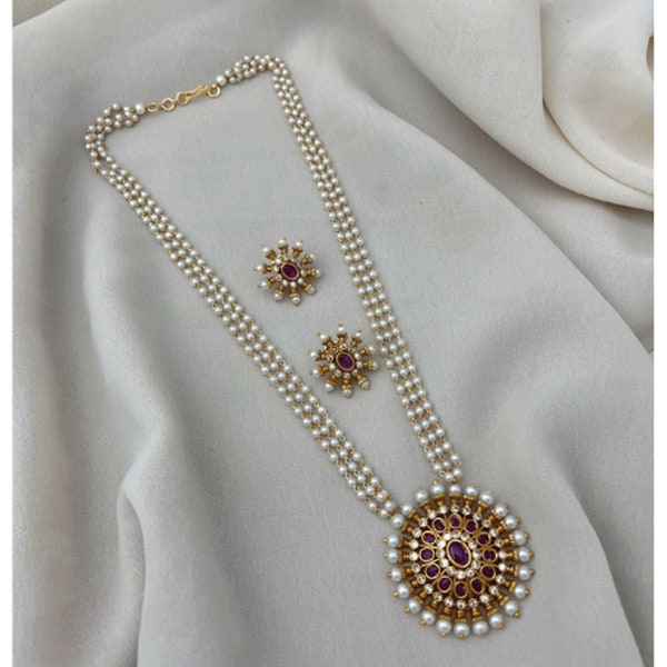 Long Pearl Necklace Gold Necklace Indian Jewelry Ruby CZ Diamond Necklace Indian Wedding South Jewelry Indian Stud Temple Jewelry Rani Haar