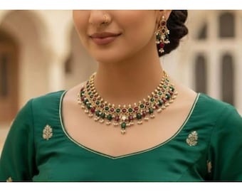 Multicolor Kundan Set/ Antique Gold Pearl Necklace/ South Indian Jewelry/ Temple Jewelry/ Kemp Necklace/ Monalisa Stone/ Indian Wedding Set