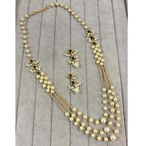 South Indian Jewelry Set/ Pearl Long Necklace/ Jadau Kundan Indian Wedding Set/ Temple Necklace/ Indian Gold Necklace/ Indian Jewelry Set