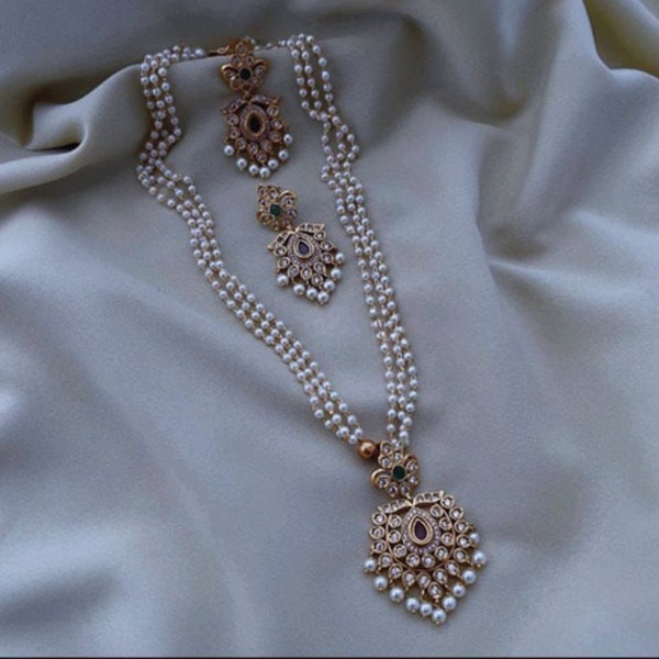 Goldene Polki-Halskette, lange Perlenkette, amerikanische Diamant-Halskette, indische Hochzeit, Süd-Schmuck, Tempel-Schmuck, indischer Schmuck, Punjabi-Schmuck