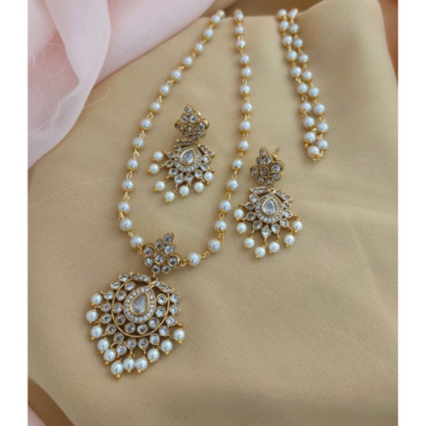 Gold Polki Necklace Pearl Long Necklace Indian Wedding South Jewelry Temple Jewelry Indian Jewelry Gold Pearl Earrings Pakistani Jewelry