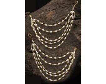 Pearl Chain Ear/ Antique Gold Multicolor Kundan Earrings Sahara/ South Indian Jewelry/ Temple Jewelry/ Pakistani Jewelry/ Indian Wedding Set