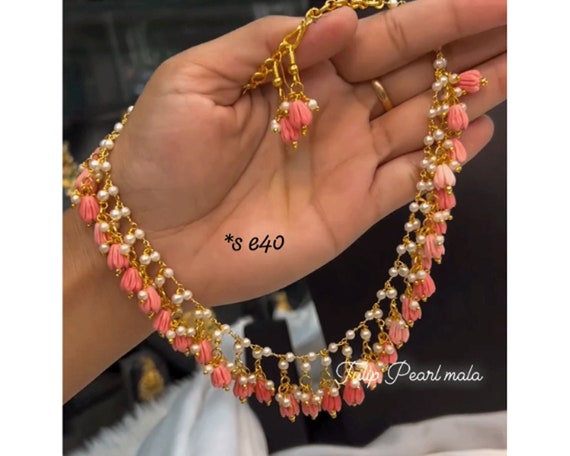 Gold Necklace Pearl Chain Necklace Indian Jewelry Tulip Beaded Necklace South Indian Jewelry Temple Jewelry Indian Necklace Indian Earrings