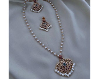 Gold Pearl Necklace CZ Necklace Indian Wedding South Jewelry Indian Long Necklace Temple Jewelry Indian Jewelry Guttapusalu Indian Earrings