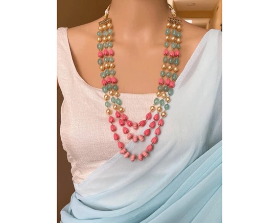 Three Layer Long Pearl Necklace With Tulip Beads Indian Jewelry Indian Wedding Rani Haar South Jewelry Indian Necklace Temple Jewelry Set