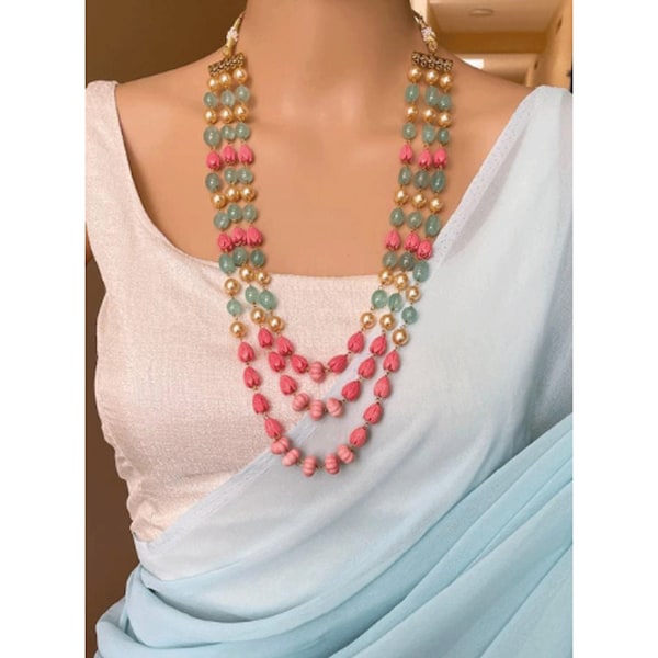 Three Layer Long Pearl Necklace With Tulip Beads Indian Jewelry Indian Wedding Rani Haar South Jewelry Indian Necklace Temple Jewelry Set