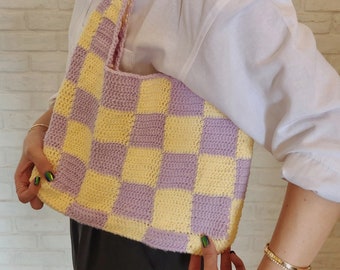 Crochet Checkered Bag / Hobo Bag / Handmade Gift / Checkerboard / Slouchy Shoulder Bag / Purple and Yellow Check / Y2K / Lilac / Pastel