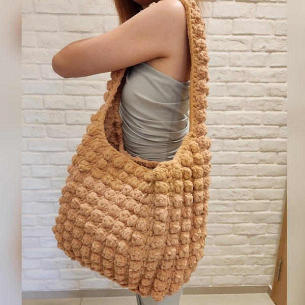 RIGHT-HANDED PDF Crochet Pattern/ Tutorial Instructions; Cloud popcorn puffy y2k hobo shoulder bag tote minimalist puffer slouchy trendy diy