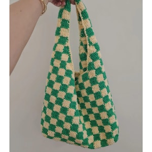 Tutoriel en anglais PDF pour DROITIER/Motif Sac fourre-tout hobo à carreaux au crochet ; Fait main ; Fil ; Cadeau ; Artisanat ; An 2000, bricolage ; Instructions