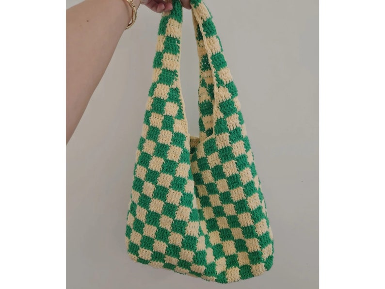 RIGHT HANDED PDF Tutorial/ Pattern Crochet Checkered Hobo Shoulder Tote Bag Handmade Yarn Gift Craft Y2K, Diy Instructions zdjęcie 1