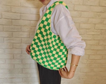 Checkered Hobo Shoulder Tote Bag; Handmade; Yarn; Gift; Craft; Y2K; Crochet Bag; Slouchy Shoulder Bag; Trendy; Green and Yellow Bag; Soft
