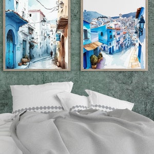 Chefchaouen City Wall Art, Morocco Wall Art, Blue City Print, Watercolor Painting, Chefchaouen Art Print, Morocco Art, Africa Print