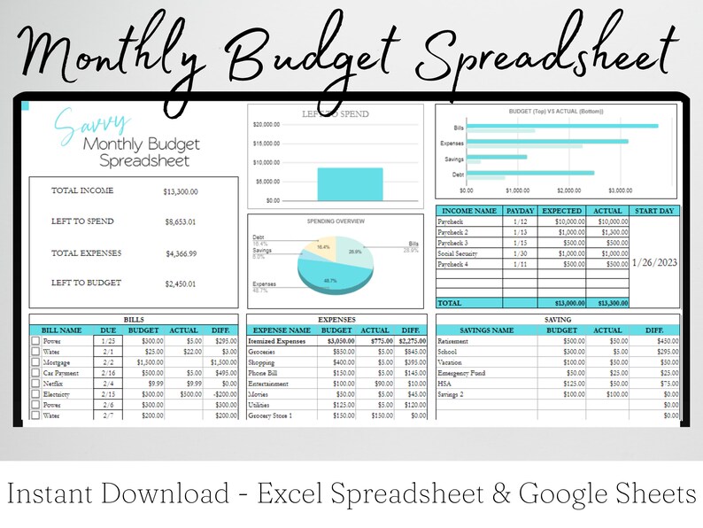 Monthly Budget Spreadsheet Google Sheets Monthly Budget Spreadsheet Excel Aqua Color Etsy