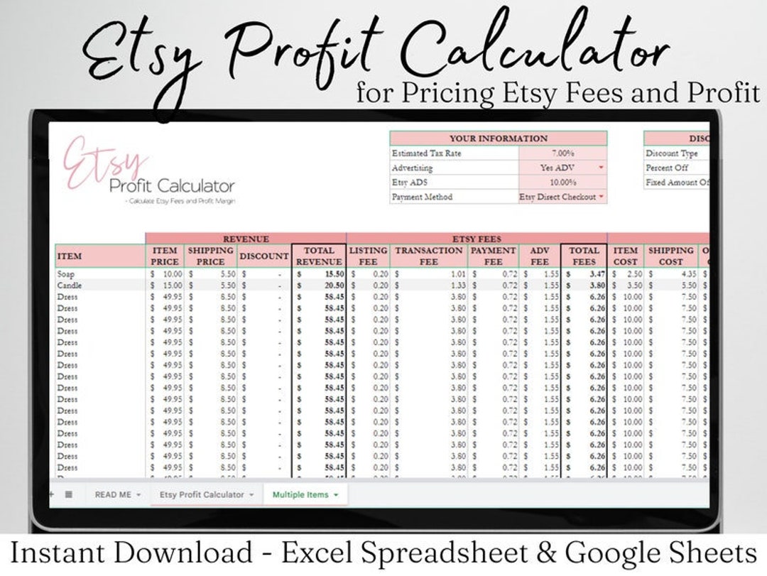 Etsy Profit Calculator Spreadsheet Etsy Fee and Profit Calculator 2023
