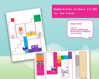 Numberblocks face stickers (11-20)  for 2cm mathlinkcube/blocks- A4 Stickers Printing, Instant Digital Download