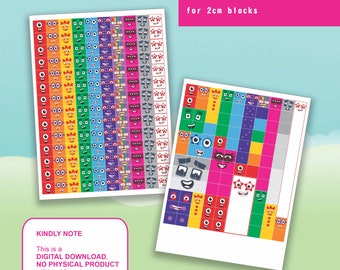 Numberblocks face stickers (1-10)  for 2cm mathlinkcube/blocks- A4 Stickers Printing, Instant Digital Download