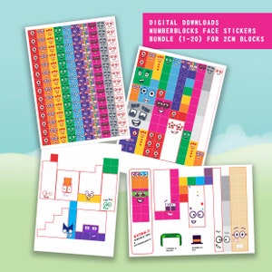 BUNDLE download digitale adesivi Numberblocks (1-10) + (11-20) per mathlinkcube/blocks da 2 cm - Stampa adesivi A4