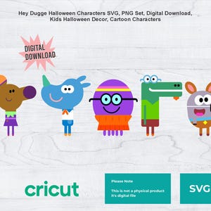Può includere: Download digitale di un set di sei personaggi di Halloween del cartone animato Hey Duggee. I personaggi sono un polpo viola, un rinoceronte blu, un cane marrone, un coccodrilo verde e altri due personaggi. Il testo "DOWNLOAD DIGITALE" è in un fumetto rosso.