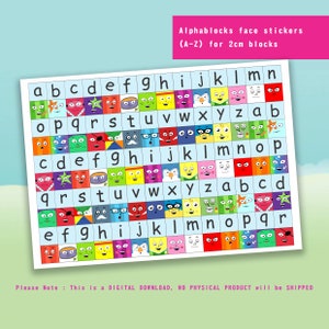 Alphablocks face stickers (A-Z) for 2cm mathlinkcube/blocks- A4 Stickers Printing, Instant Digital Download