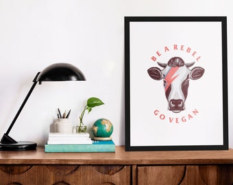 Vegan Art, Vegan Print, Cow art, Cow print, Vegan Poster, Bowie Print, Home decor, Vegan Wall Decor, Vegan home decor.