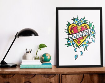 Vegan Art, Vegan Print, Vegan Poster, Vegan Wall Decor, Printable Vegan Wall Art, tattoo wall art, Home decor, Vegan home decor, tattoo art.