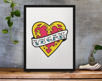 Vegan Art, Vegan Print, Vegan Poster, Vegan Wall Decor, Printable Vegan Wall Art, tattoo wall art, Home decor, Vegan home decor, tattoo art.