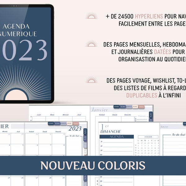 Agenda Numérique 2023 en français daté compatible Goodnotes et Notability PDF couleurs nuit