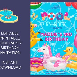 Kids Pool Party Birthday Invitation, Canva Editable Template,  Pool Party Invite, Kids Printable Personalised Invitation